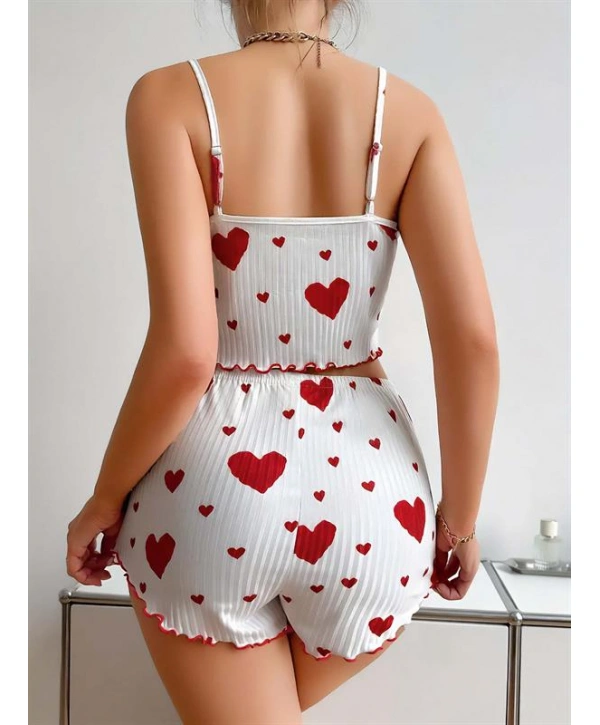 Morliva Pamuklu Beyaz Üstüne Kırmızı Kalp Desenli Askılı Şortlu Pijama Takımı