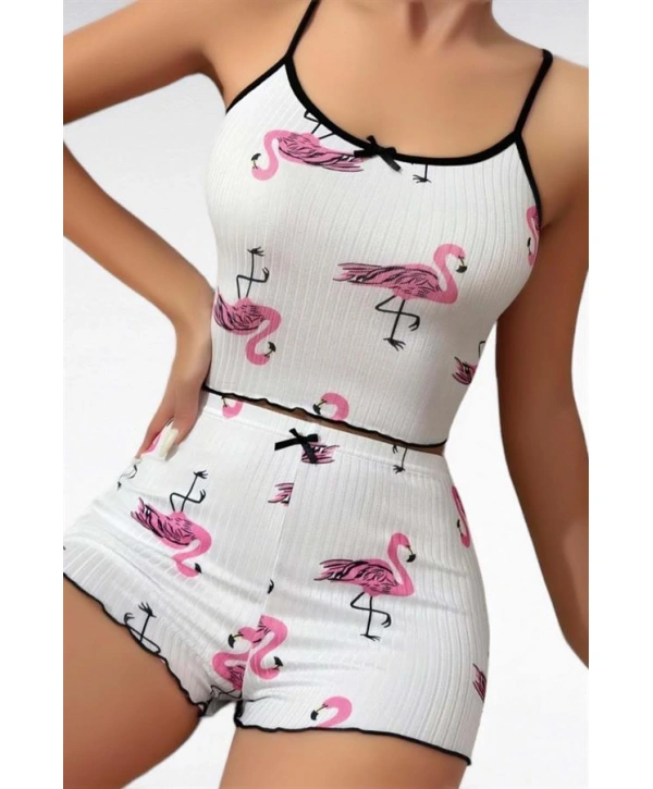 Morliva  Pamuklu Beyaz Üstüne Pelikan Desen Fitilli Askılı Şortlu Pijama Takımı