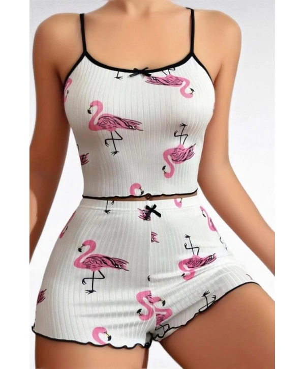 Morliva  Pamuklu Beyaz Üstüne Pelikan Desen Fitilli Askılı Şortlu Pijama Takımı