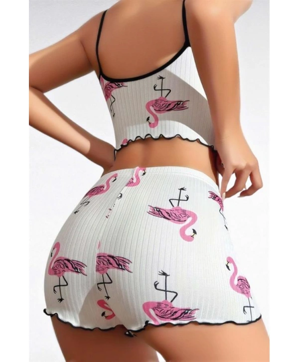 Morliva  Pamuklu Beyaz Üstüne Pelikan Desen Fitilli Askılı Şortlu Pijama Takımı
