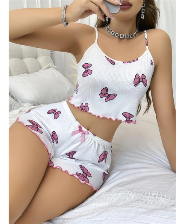 Morliva  Pamuklu Beyaz Üstüne Pembe Kurdela Desenli Fitilli Askılı Şortlu Pijama Takımı