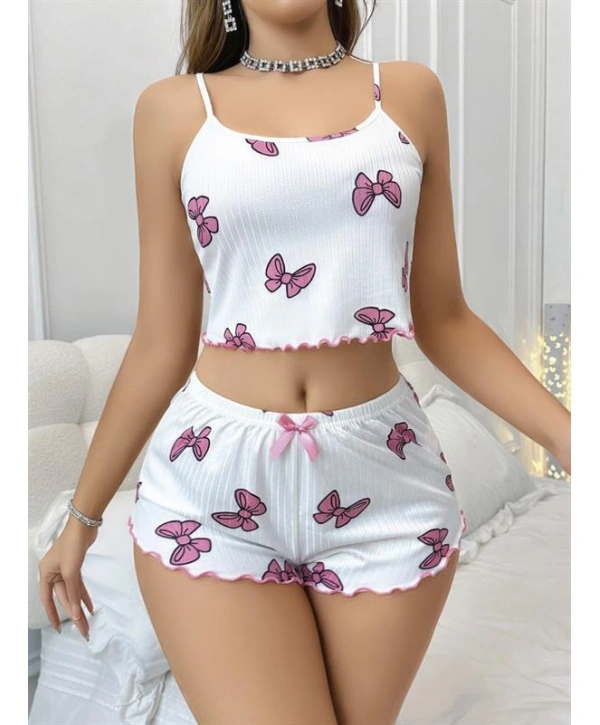 Morliva  Pamuklu Beyaz Üstüne Pembe Kurdela Desenli Fitilli Askılı Şortlu Pijama Takımı