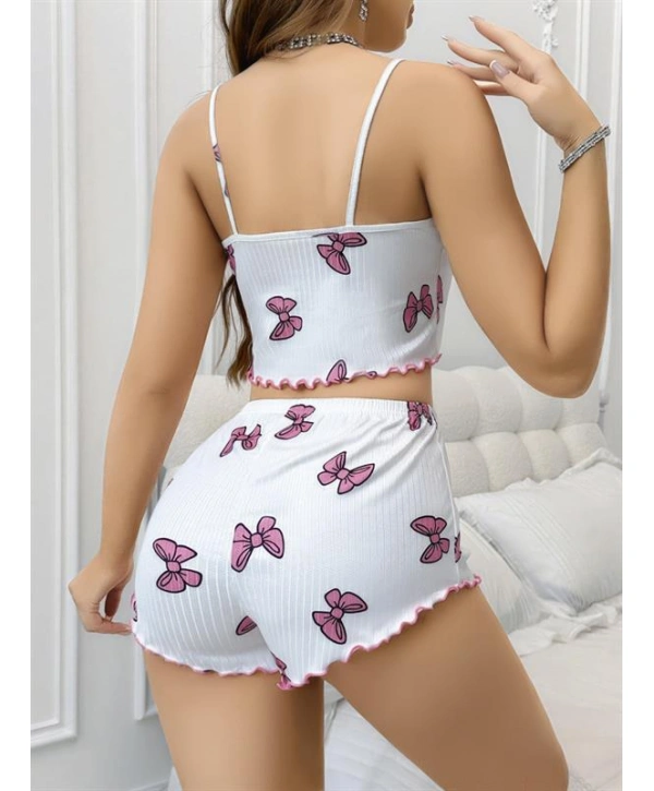 Morliva  Pamuklu Beyaz Üstüne Pembe Kurdela Desenli Fitilli Askılı Şortlu Pijama Takımı