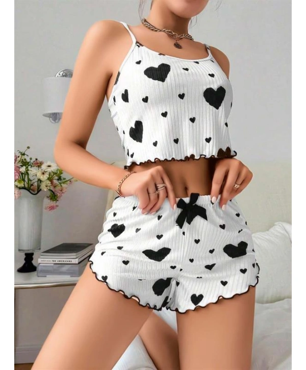 Morliva Pamuklu Beyaz Üstüne Siyah Kalp Desen Fitilli Askılı Şortlu Pijama Takımı