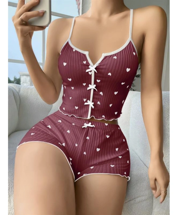 Morliva Pamuklu Kahverengi Üstüne Beyaz Kalp Desen Fitilli Askılı Şortlu Pijama Takımı