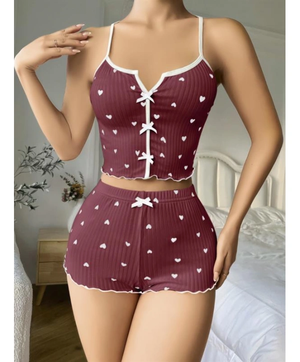 Morliva Pamuklu Kahverengi Üstüne Beyaz Kalp Desen Fitilli Askılı Şortlu Pijama Takımı