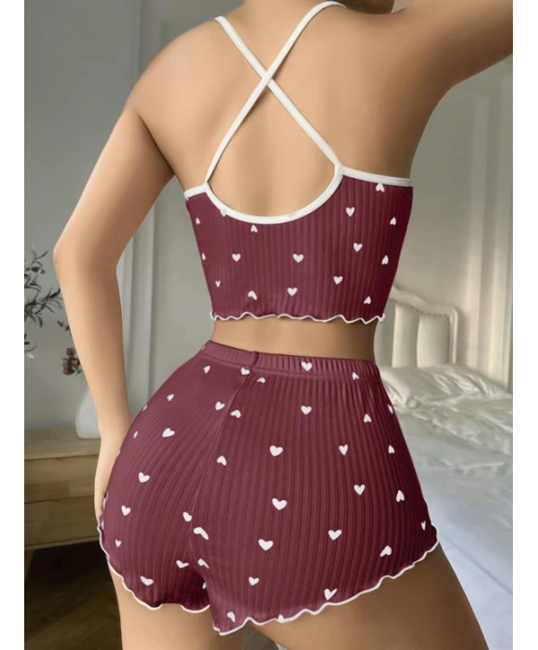 Morliva Pamuklu Kahverengi Üstüne Beyaz Kalp Desen Fitilli Askılı Şortlu Pijama Takımı
