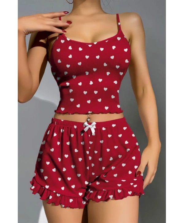 Morliva  Pamuklu Kırmızı Üstüne Beyaz Kalp Desen Fitilli Askılı Şortlu Pijama Takımı