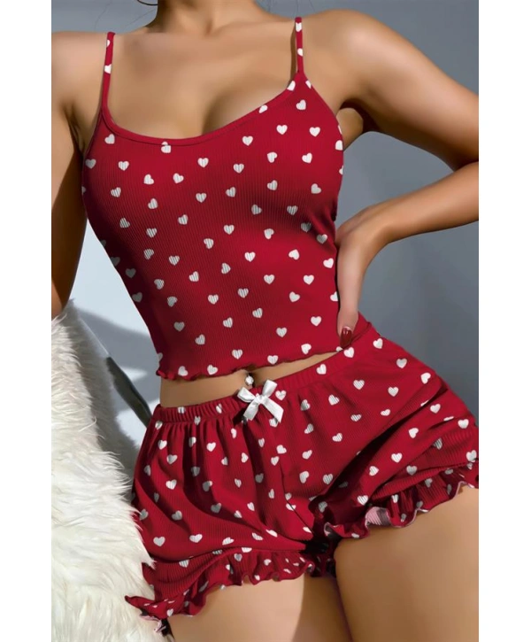 Morliva  Pamuklu Kırmızı Üstüne Beyaz Kalp Desen Fitilli Askılı Şortlu Pijama Takımı