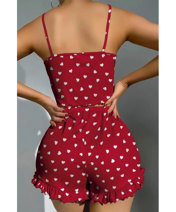 Morliva  Pamuklu Kırmızı Üstüne Beyaz Kalp Desen Fitilli Askılı Şortlu Pijama Takımı