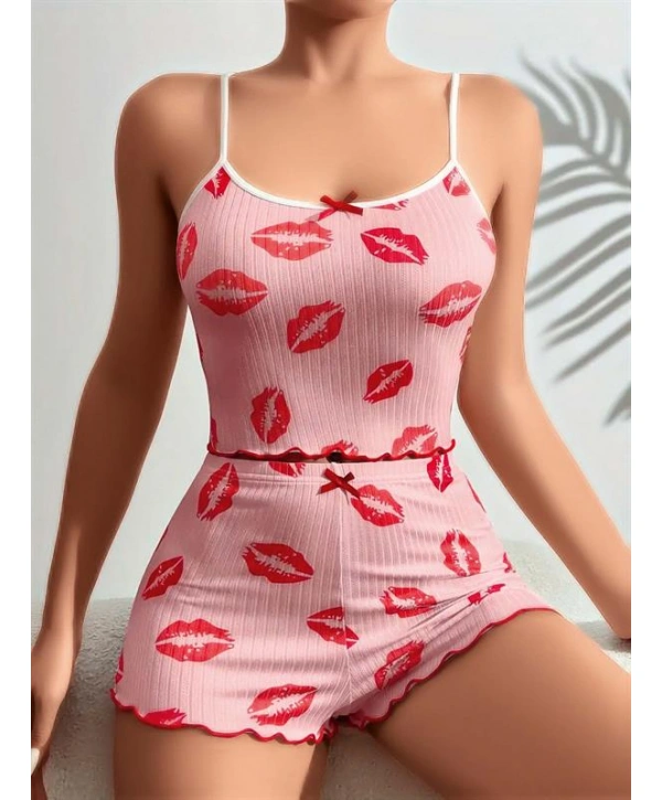 Morliva Pamuklu Kiss Öpücük Desen Pembe Şortlu Pijama Takımı