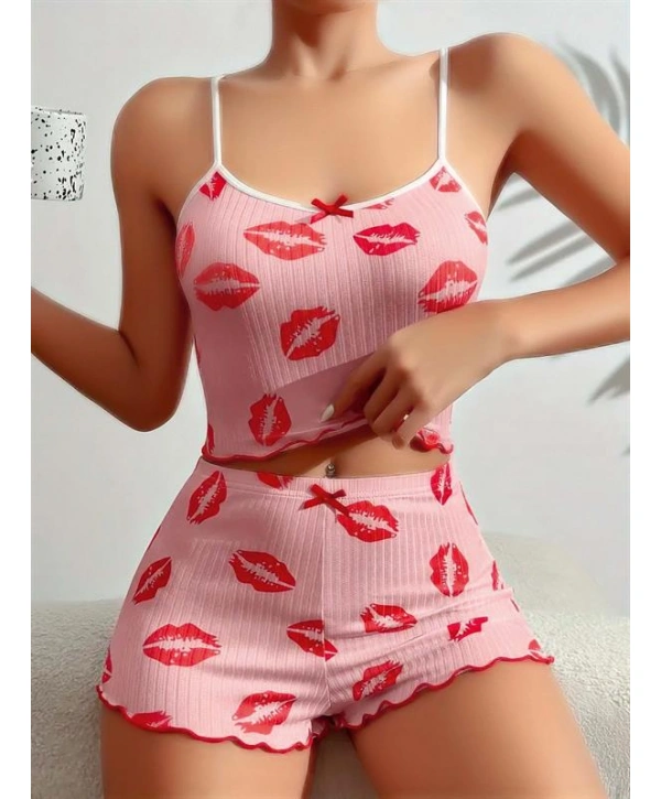 Morliva Pamuklu Kiss Öpücük Desen Pembe Şortlu Pijama Takımı