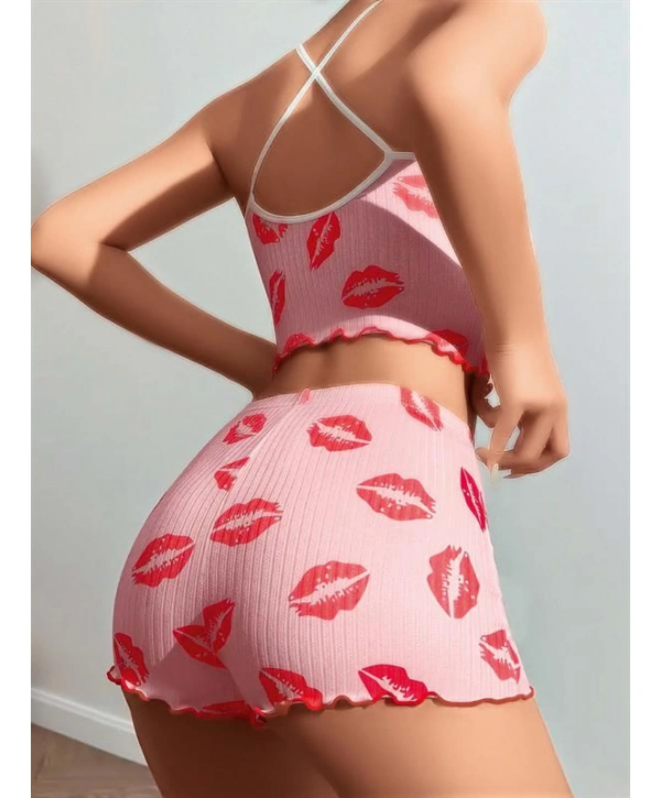 Morliva Pamuklu Kiss Öpücük Desen Pembe Şortlu Pijama Takımı