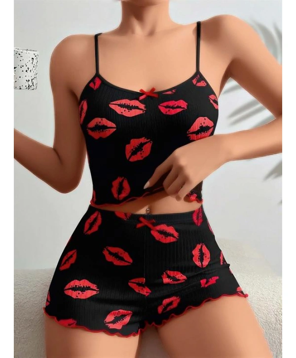 Morliva  Pamuklu Kiss Öpücük Desen Siyah Fitilli Şortlu Pijama Takımı