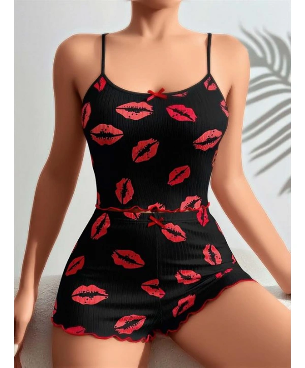 Morliva  Pamuklu Kiss Öpücük Desen Siyah Fitilli Şortlu Pijama Takımı