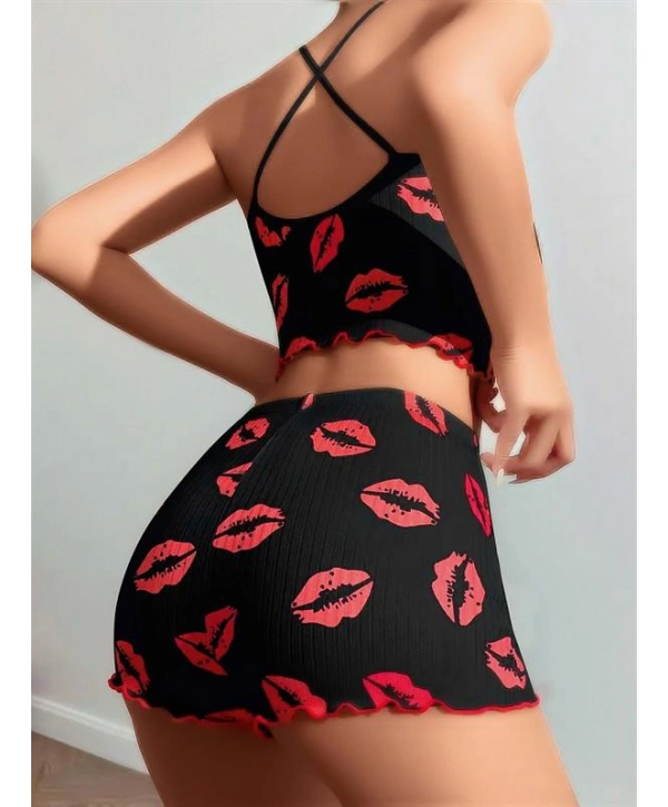 Morliva  Pamuklu Kiss Öpücük Desen Siyah Fitilli Şortlu Pijama Takımı