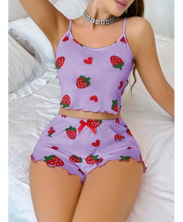Morliva Pamuklu Lila Üstüne Çilek Desen Fitilli Askılı Şortlu Pijama Takımı