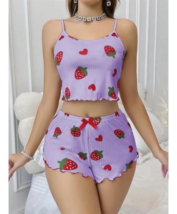 Morliva Pamuklu Lila Üstüne Çilek Desen Fitilli Askılı Şortlu Pijama Takımı