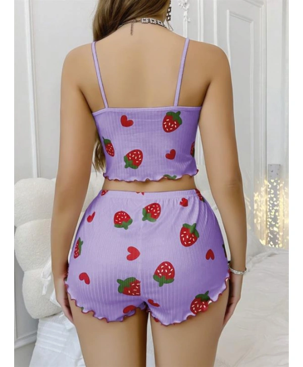 Morliva Pamuklu Lila Üstüne Çilek Desen Fitilli Askılı Şortlu Pijama Takımı