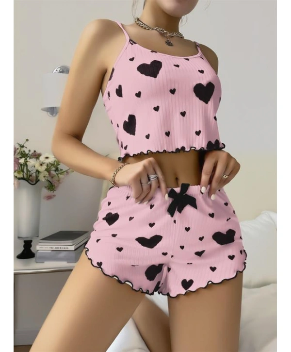Morliva  Pamuklu Pembe Üstüne Siyah Kalp Desenli Askılı Fitilli Şortlu Pijama Takımı