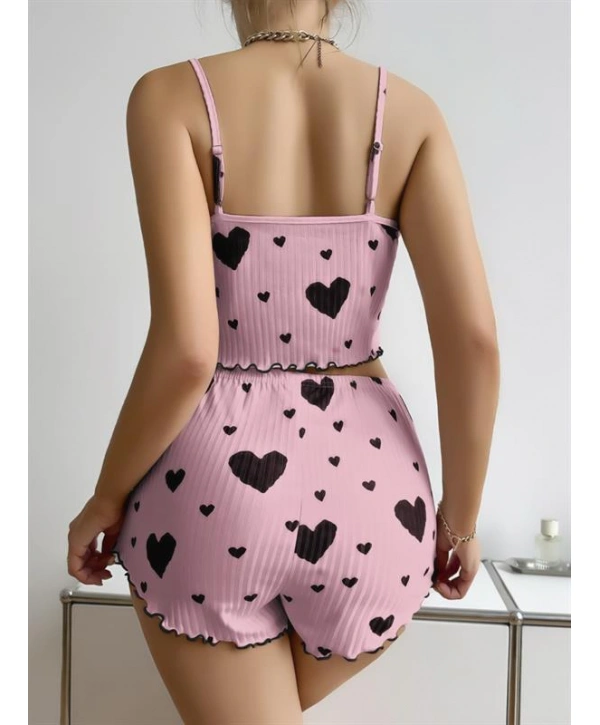 Morliva  Pamuklu Pembe Üstüne Siyah Kalp Desenli Askılı Fitilli Şortlu Pijama Takımı