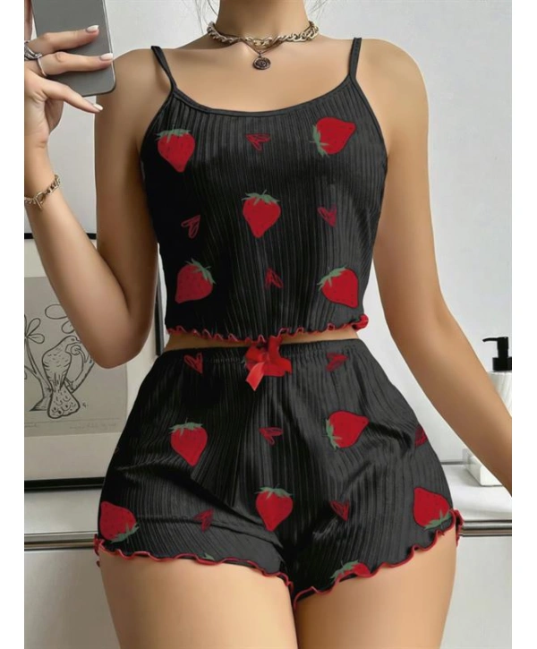 Morliva Pamuklu Siyah Üstüne Çilek Desen Fitilli Askılı Şortlu Pijama Takımı