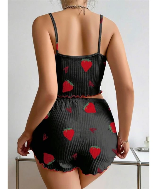 Morliva Pamuklu Siyah Üstüne Çilek Desen Fitilli Askılı Şortlu Pijama Takımı