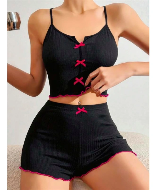 Morliva Pamuklu Siyah Üstüne Pembe Kurdelalı Fitilli Askılı Şortlu Pijama Takımı