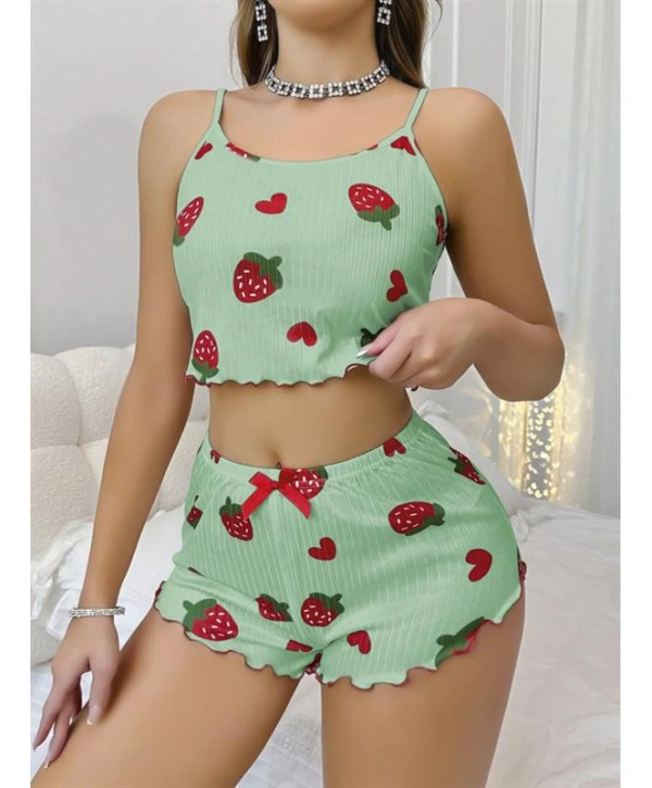 Morliva  Pamuklu Yeşil Üstüne Çilek Desen Fitilli Askılı Şortlu Pijama Takımı