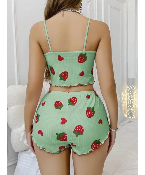 Morliva  Pamuklu Yeşil Üstüne Çilek Desen Fitilli Askılı Şortlu Pijama Takımı