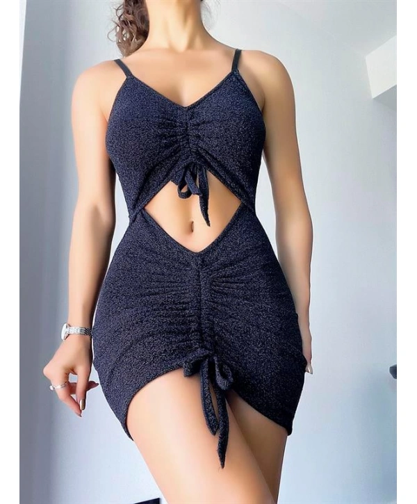 Morliva Parıltılı Kumaşlı Fantezi Büzgülü Elbise