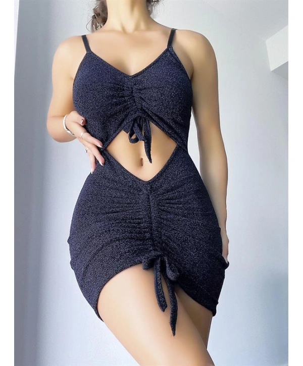 Morliva Parıltılı Kumaşlı Fantezi Büzgülü Elbise