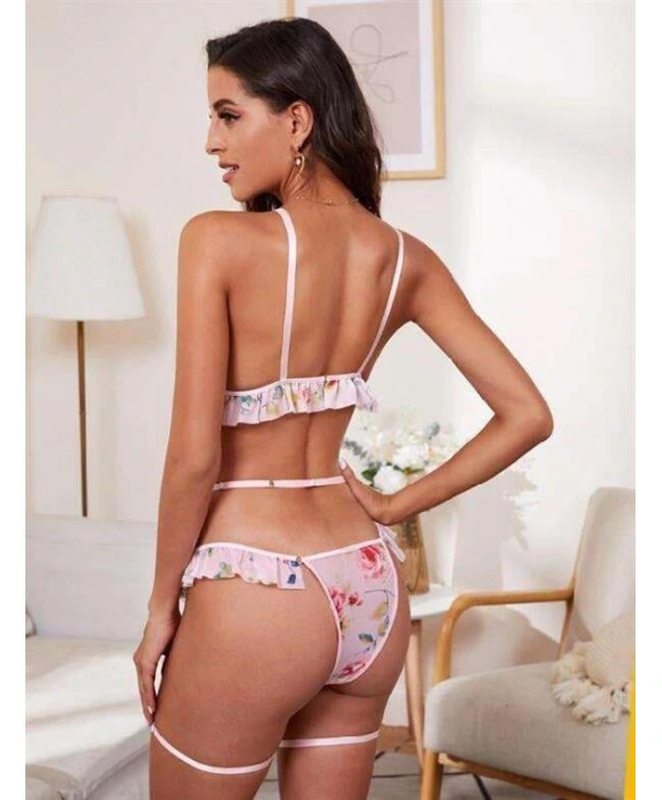 MorlivaPembe Çiçek Desen Fırfırlı Fantezi Jartiyer Takım