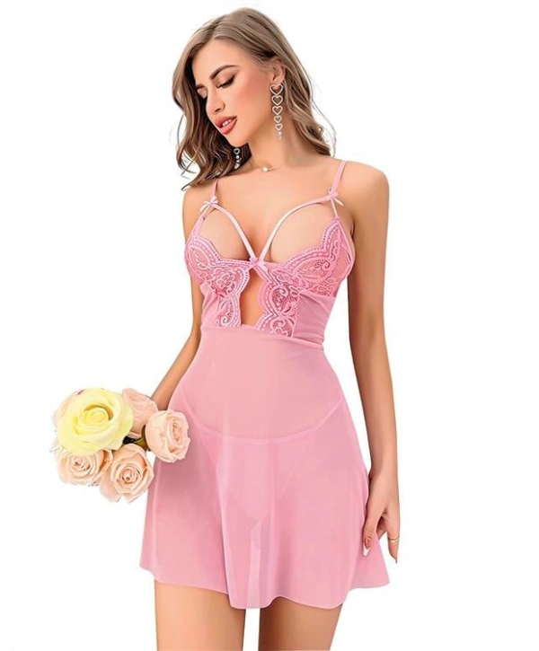 Morliva Pembe Dantel İşlemeli Göğüs İp Detaylı Fantezi Tül Gecelik Takımı