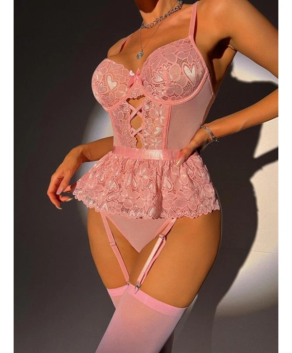 Morliva Pembe Dantel İşlemeli Kalp Desenli Fantezi Jartiyer Takımı