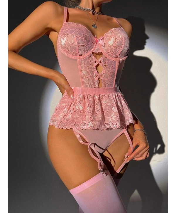 Morliva Pembe Dantel İşlemeli Kalp Desenli Fantezi Jartiyer Takımı