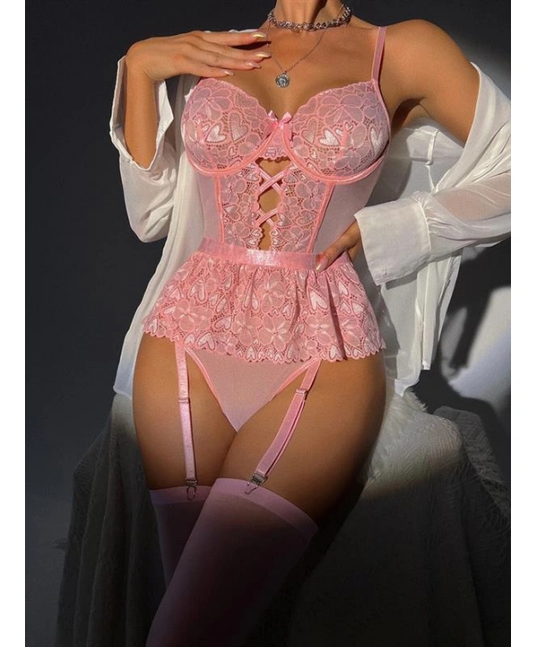 Morliva Pembe Dantel İşlemeli Kalp Desenli Fantezi Jartiyer Takımı