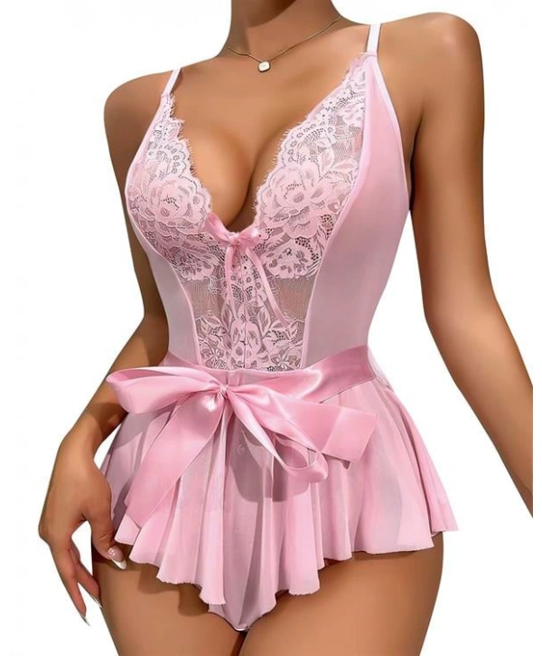 Morliva Pembe Dantel İşlemeli Kurdelalı Fantezi Tül Babydoll