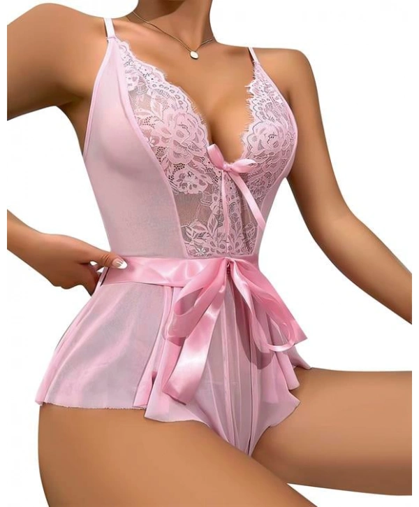 Morliva Pembe Dantel İşlemeli Kurdelalı Fantezi Tül Babydoll