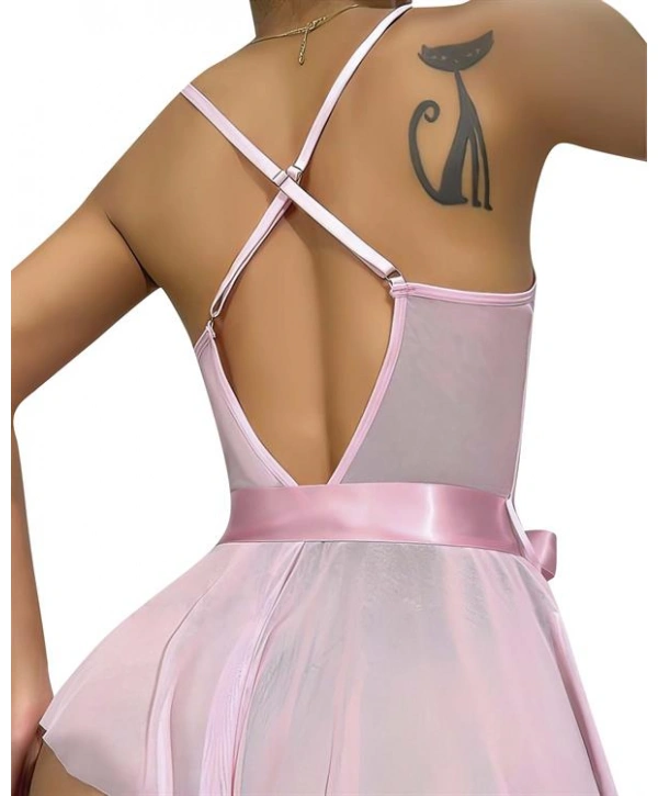 Morliva Pembe Dantel İşlemeli Kurdelalı Fantezi Tül Babydoll