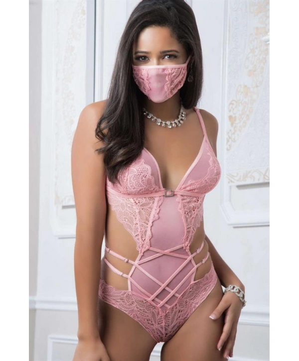 Morliva Pembe Dantel İşlemeli Maskeli Fantezi Body