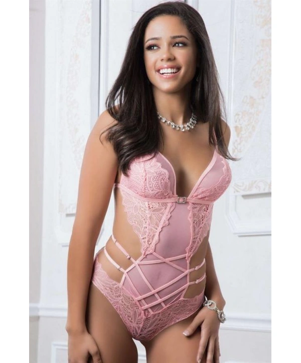 Morliva Pembe Dantel İşlemeli Maskeli Fantezi Body