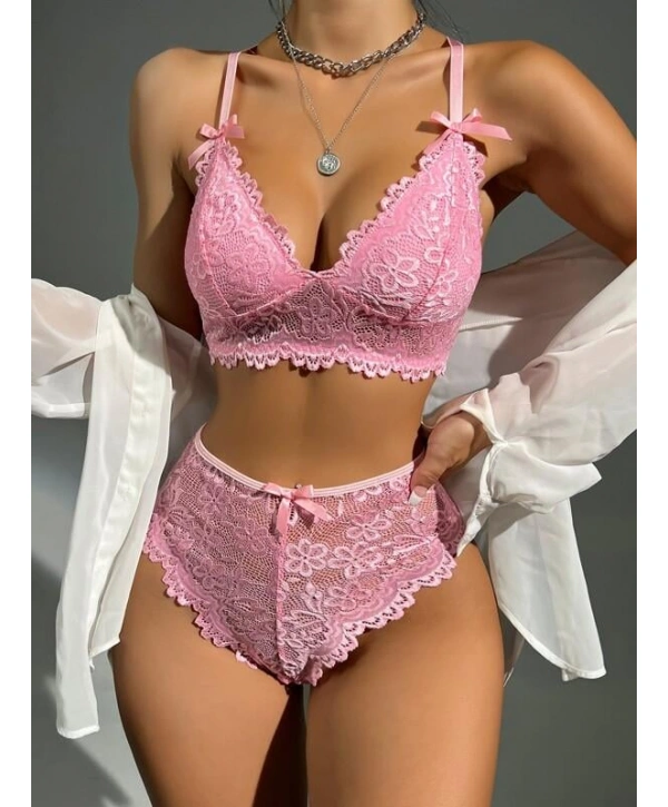 Pembe Dantelli Fantezi Bralet Sütyen Takımı