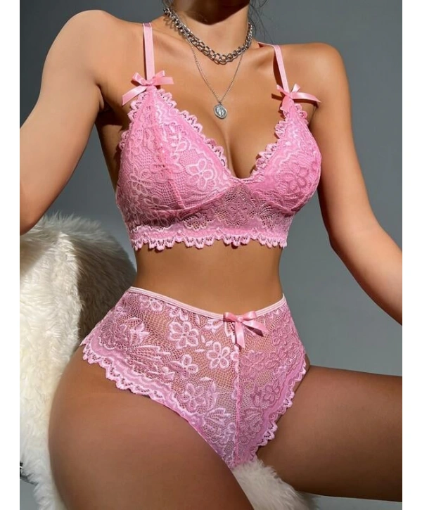 Pembe Dantelli Fantezi Bralet Sütyen Takımı