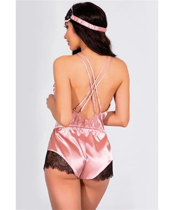 Morliva  Pembe Dantelli Sırtı Çapraz Saten Şort Tulum