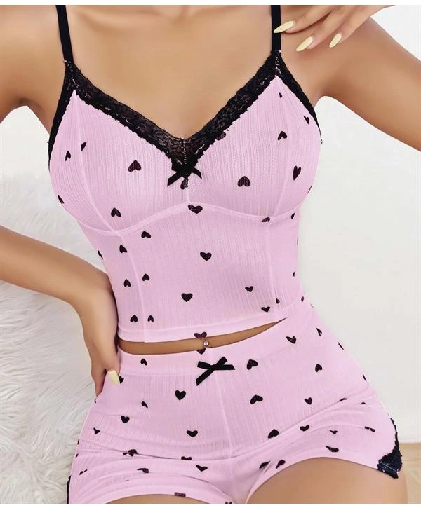 Morliva Pembe Kalp Desenli Askılı Şortlu Pijama Takım