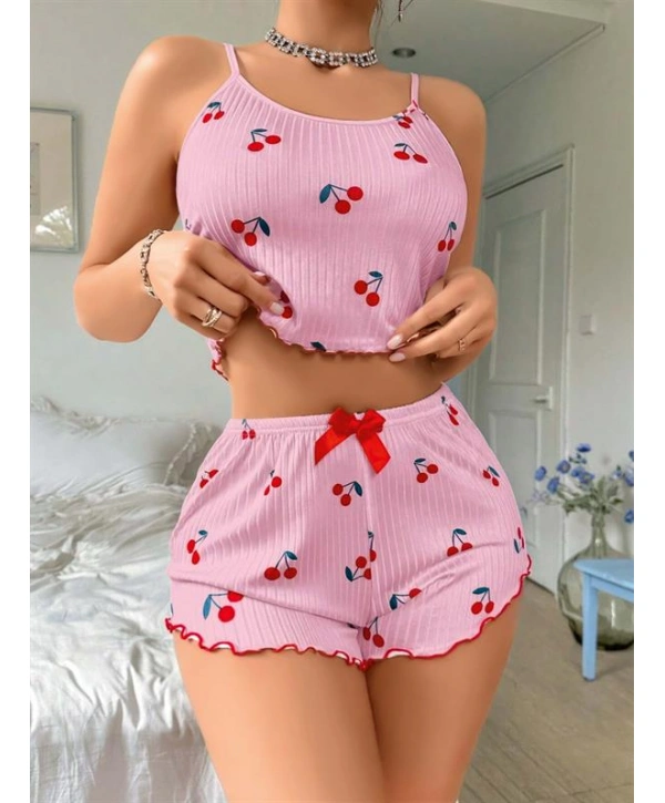 Morliva  Pembe Kiraz Desenli Askılı Şortlu Pijama
