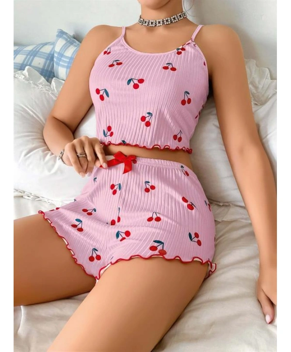Morliva  Pembe Kiraz Desenli Askılı Şortlu Pijama