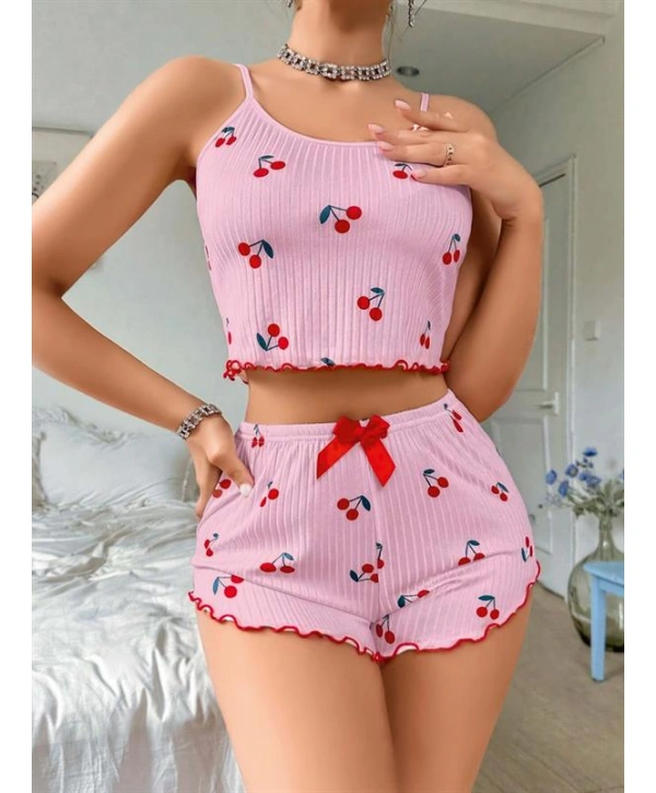 Morliva  Pembe Kiraz Desenli Askılı Şortlu Pijama