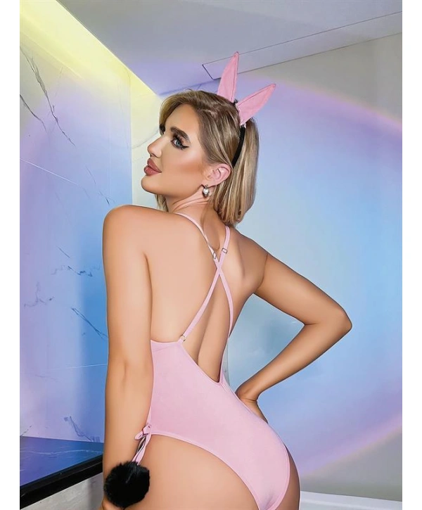Morliva Pembe Siyah Ponponlu Fantezi Tavşan Kostümü